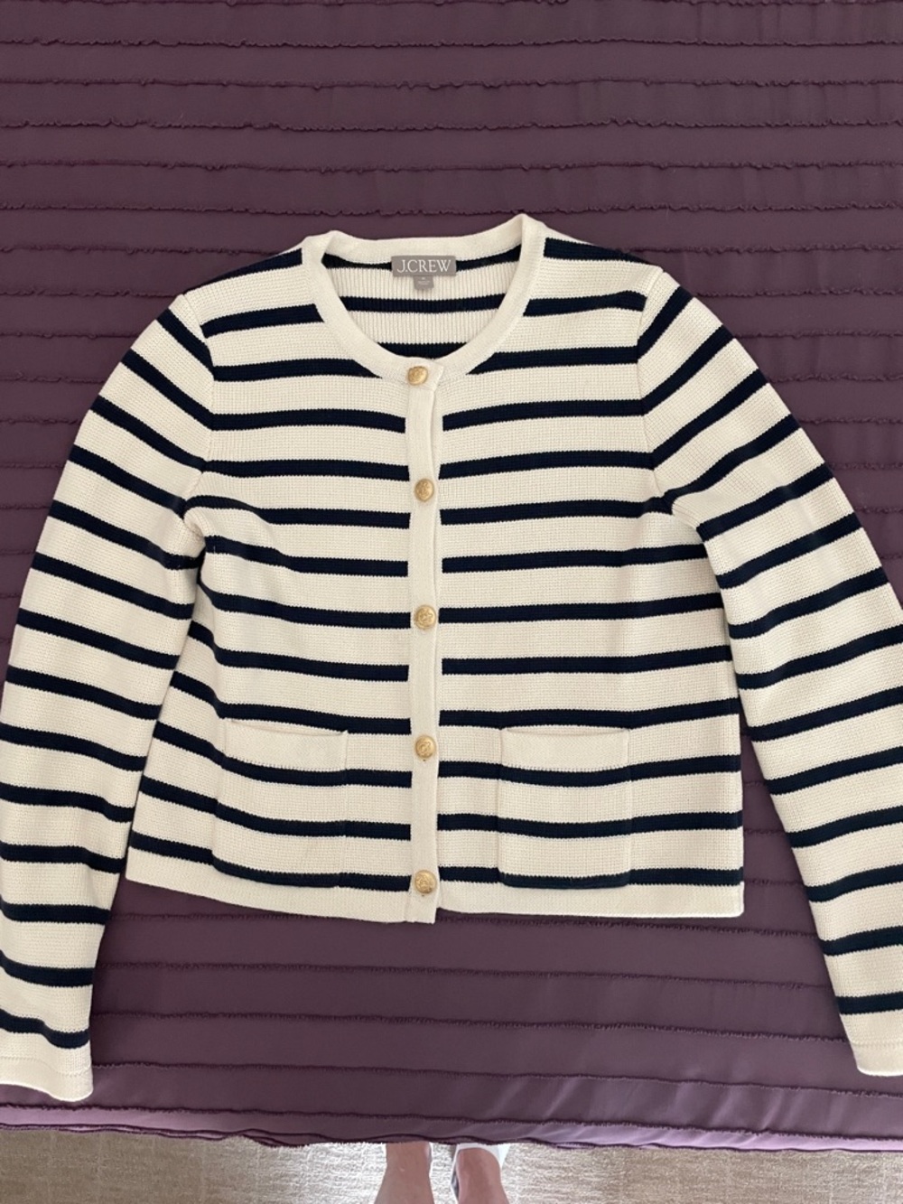J. Crew White and Navy Striped Button Cardigan with Gold Buttons